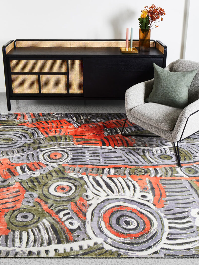 Akarley by Charmaine Pwerle - Indigenours rug design in orange, green and grey colours