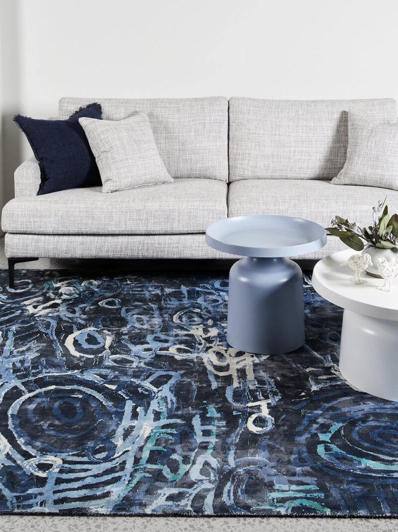 Anjurra by Charmaine Pwerle - Indigenours rug design in blue colours